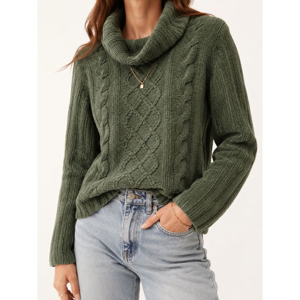 SML Sport Green Cable Knit Cowl Neck Chunky Sweater Women's M Cottagecore Cozy